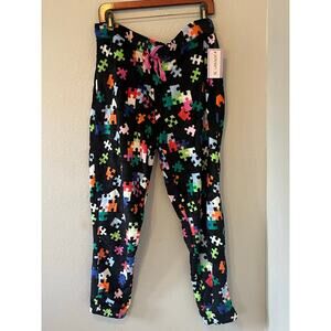 NWT Women's Joyspun Fuzzy Black Puzzle Pajama Winter Pants Leggings Sz Large